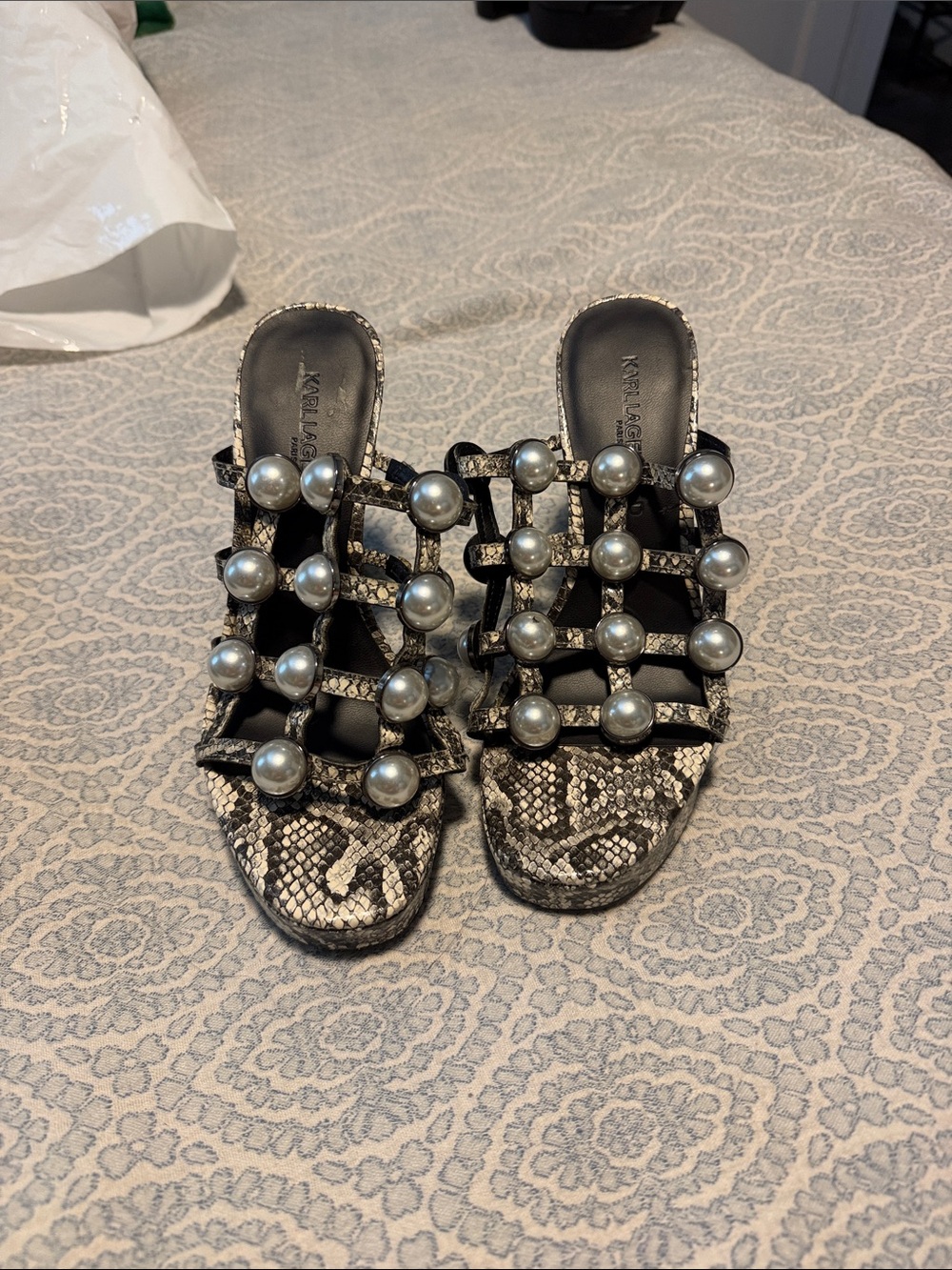 Karl Lagerfeld Black Snakeskin Pearl-Embellished Slide Mules